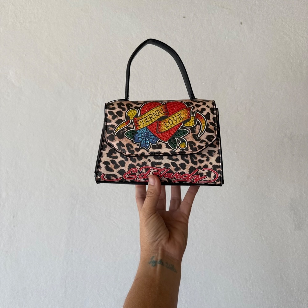 Ed‎ Hardy Eternal Love Rhinestone Mini Handbag Leopard Y2K Purse NWT